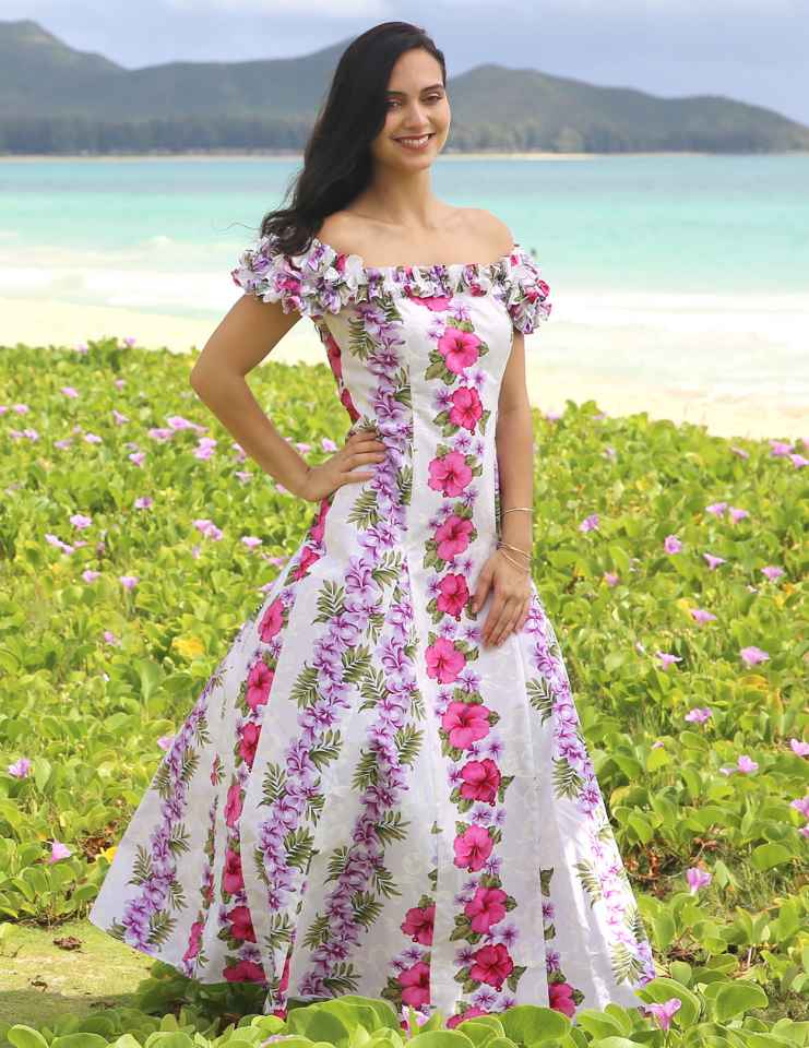 off the shoulder hawaiian dress Long Ruffled Muumuu Hawaiian Dress Big Island – Beachy Keen Vibes, LLC