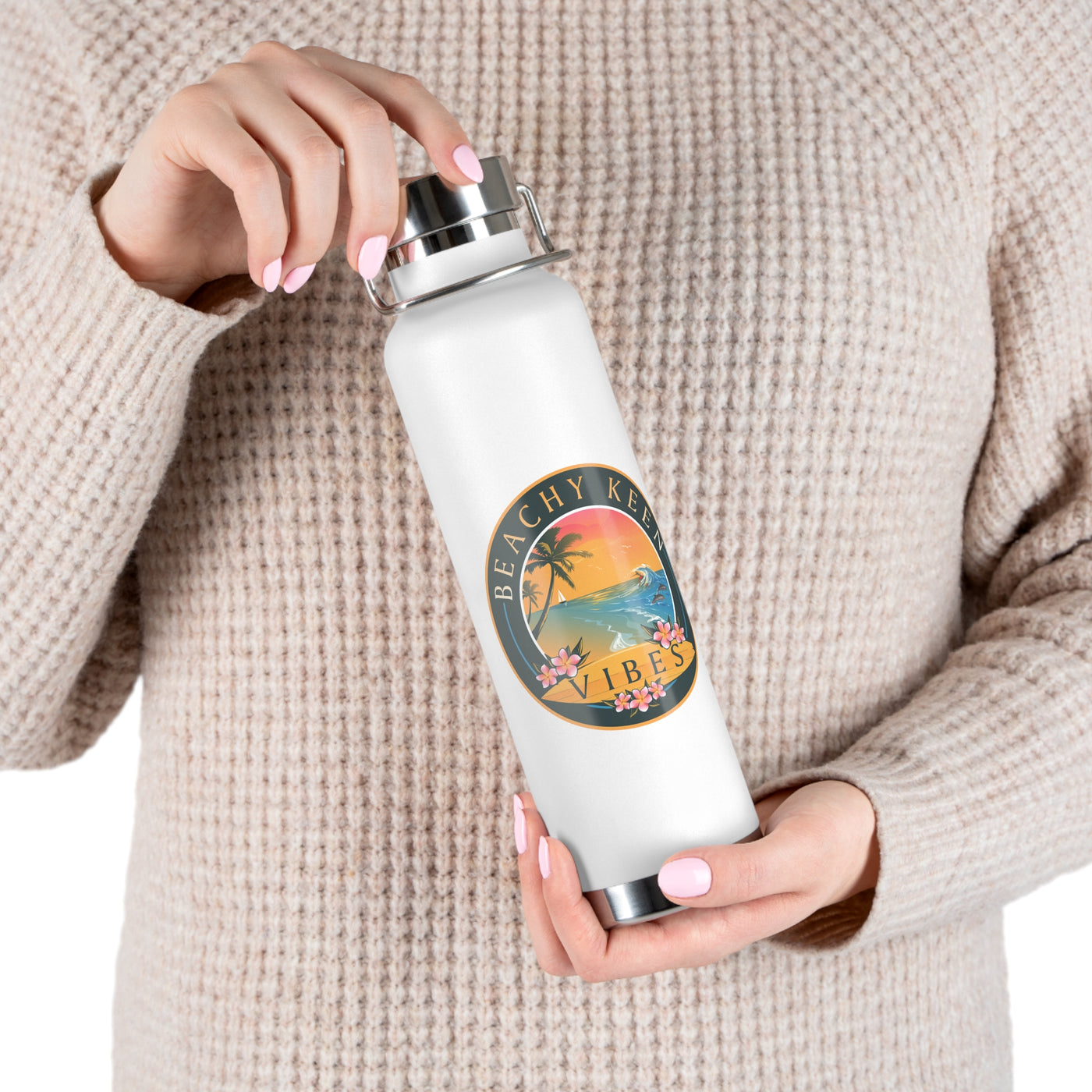 Beachy Keen Vibes Insulated Water Bottle – 22oz Stainless Steel, Leak-Proof, BPA-Free