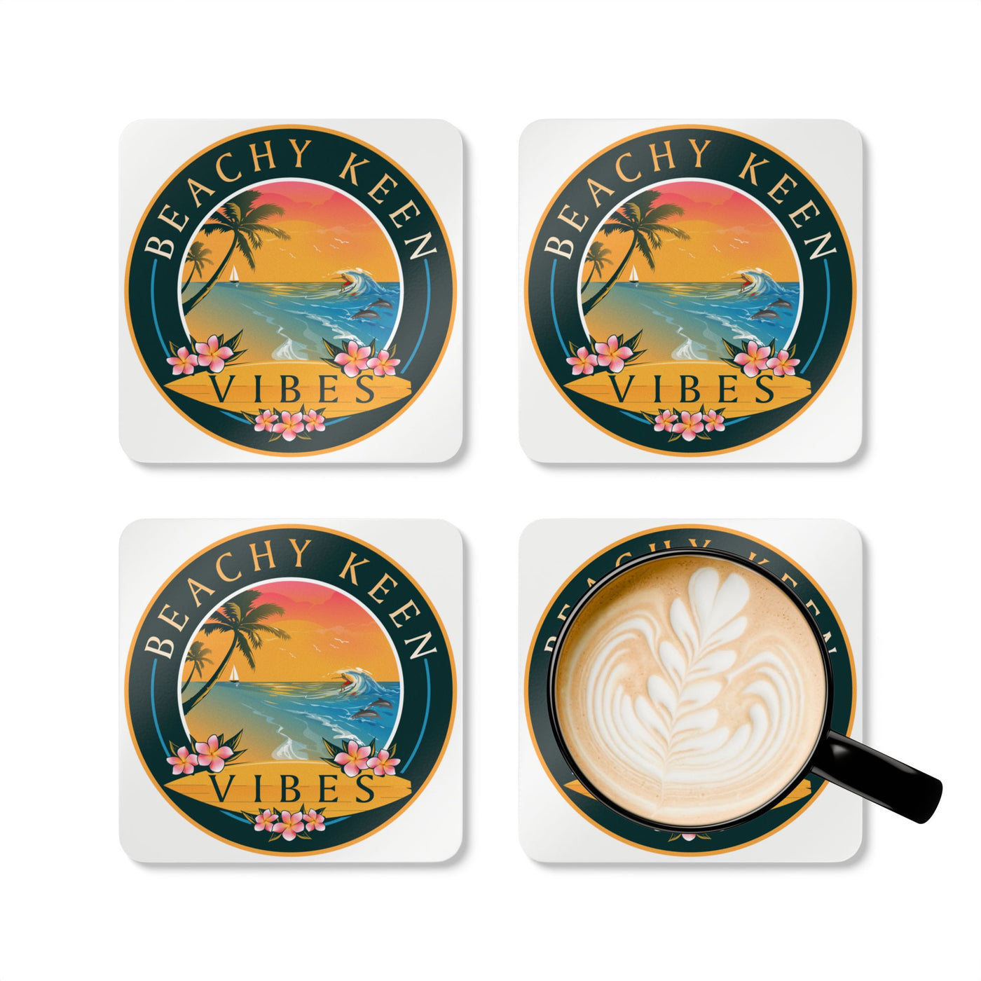 Beachy Keen Vibes Corkwood Coaster Set – Coastal Drink Coasters, Beach House Decor
