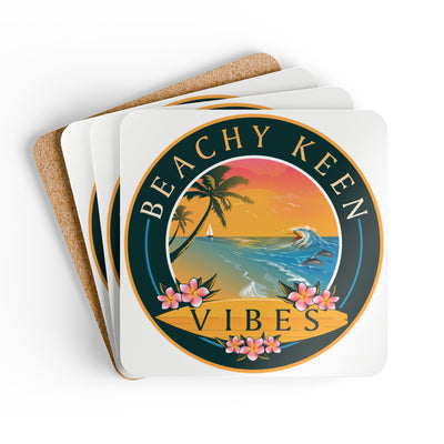 Beachy Keen Vibes Corkwood Coaster Set – Coastal Drink Coasters, Beach House Decor