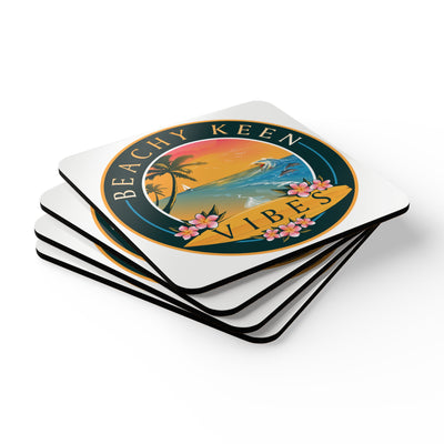 Beachy Keen Vibes Corkwood Coaster Set – Coastal Drink Coasters, Beach House Decor