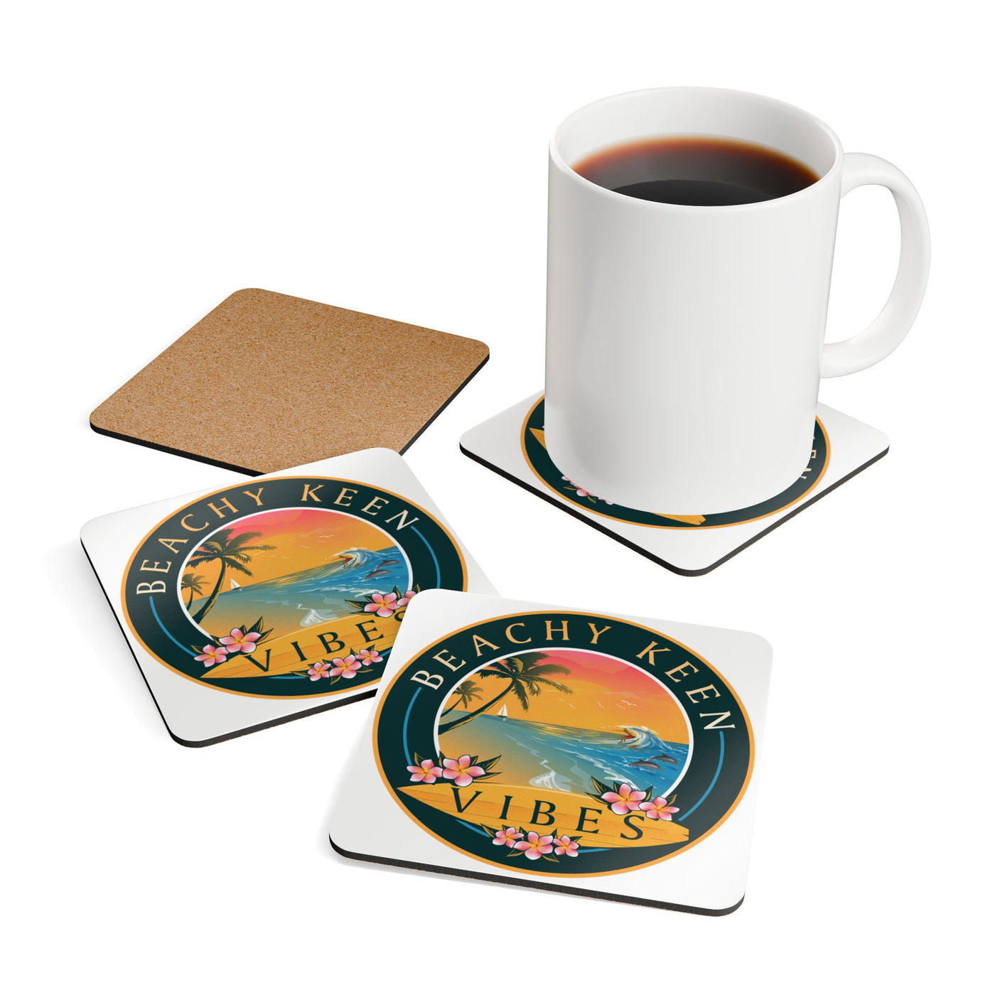 Beachy Keen Vibes Corkwood Coaster Set – Coastal Drink Coasters, Beach House Decor