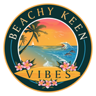 Beachy Keen Vibes logo. Beautiful ocean with surfer on breaking wave, 2 dolphins jumping, sunset, 1 sailboat in distance behind 2 palm trees. Surfboard with pink plumeria flowers.