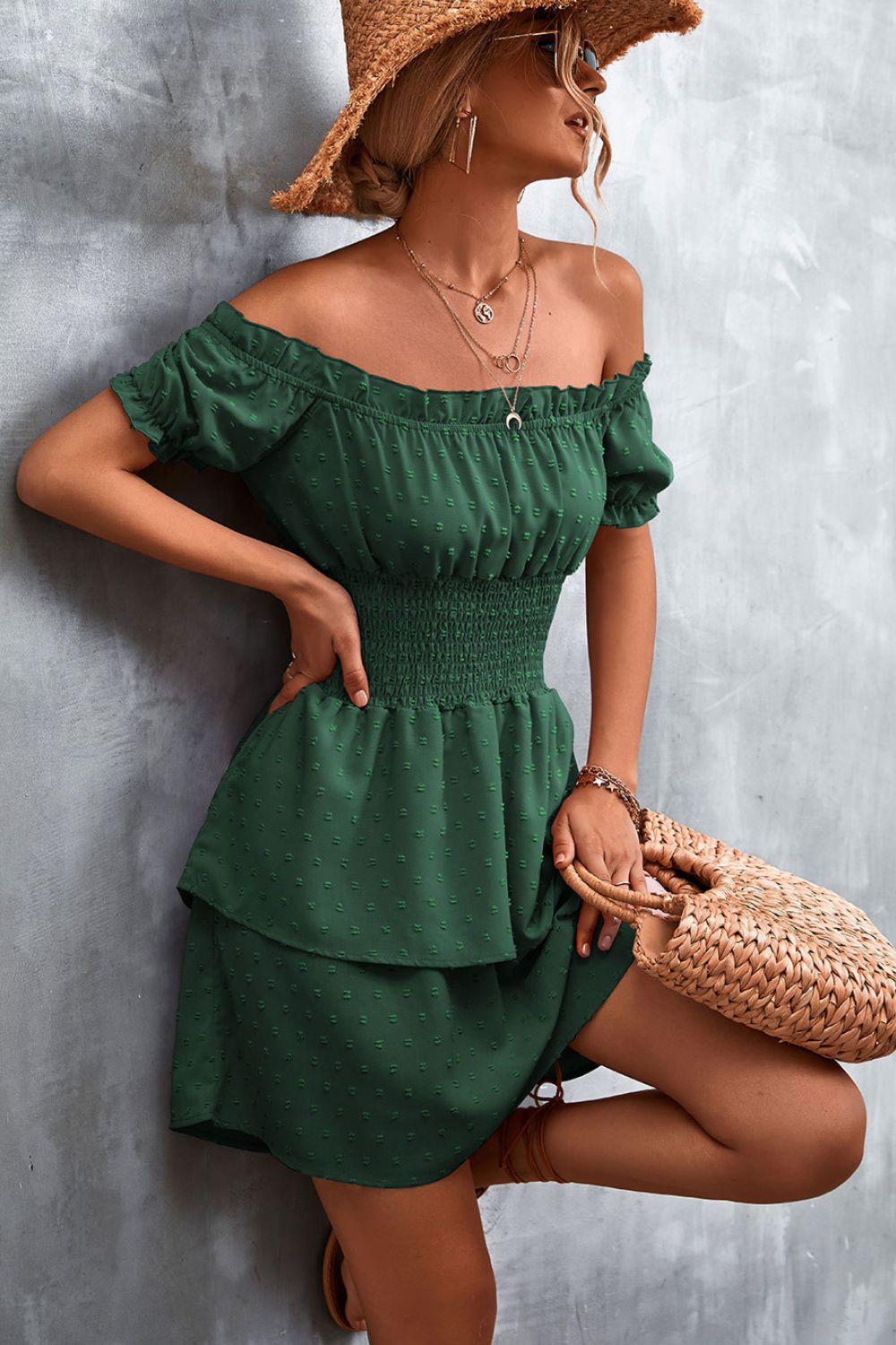 Swiss Dot Layered Off-Shoulder Smocked Dress