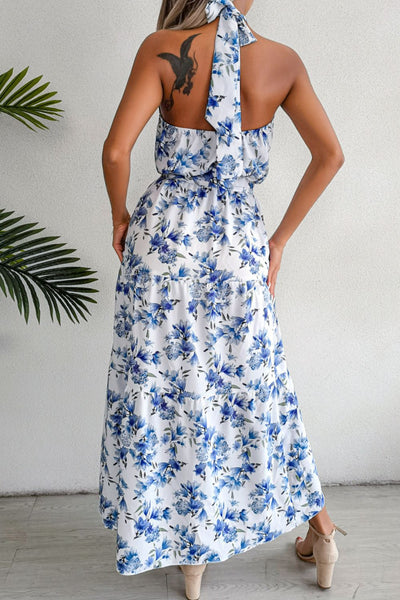 Floral Tie Waist Backless Maxi Dress