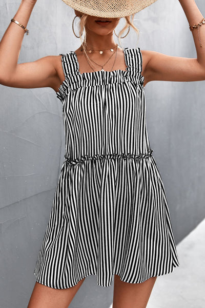 Striped Frill Trim Square Neck Dress