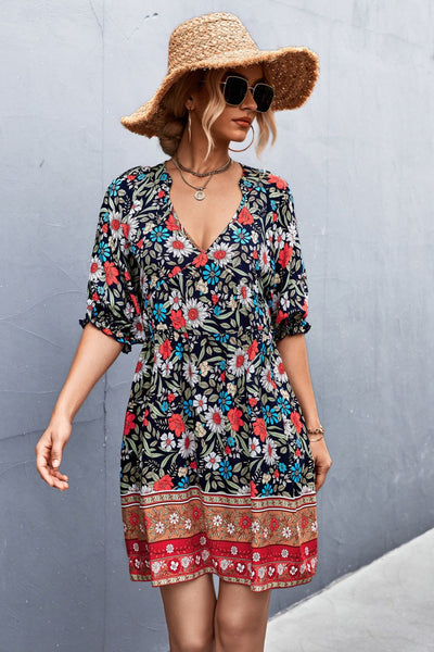 Bohemian Notched Half Sleeve Mini Dress