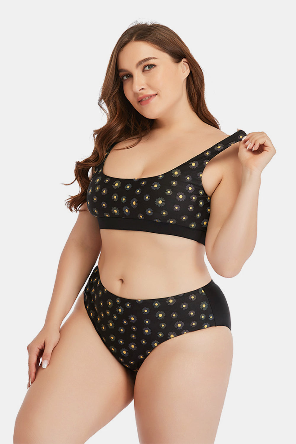 Plus Size Daisy Print Color-Changing Scoop Neck Bikini Set