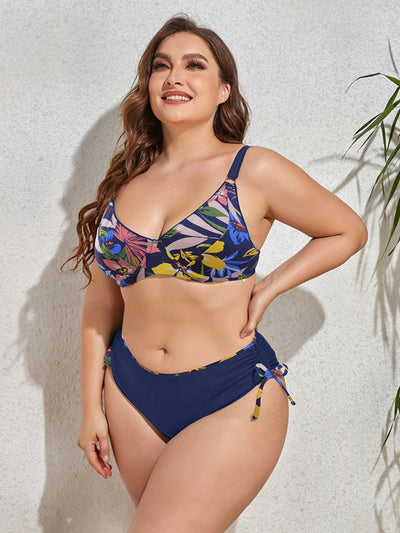 Plus Size Printed V-Neck Drawstring Bikini Set