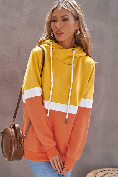 Color Block Cowl Neck Drawstring Hoodie