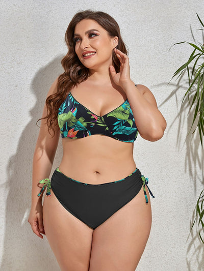 Plus Size Printed V-Neck Drawstring Bikini Set