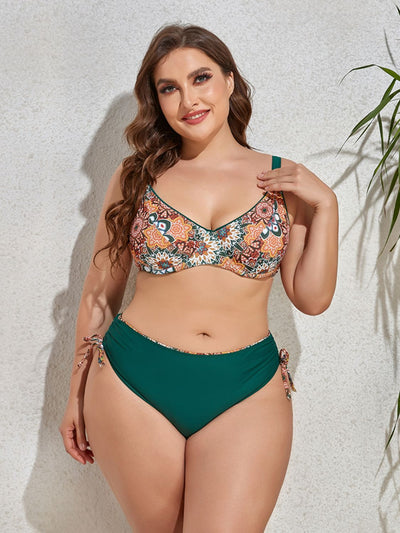 Plus Size Printed V-Neck Drawstring Bikini Set