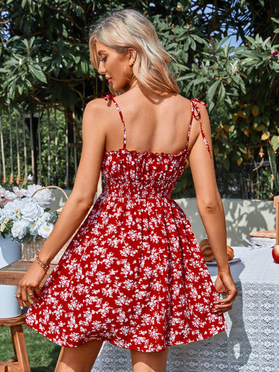 Floral Smocked Waist Tie Shoulder Dress