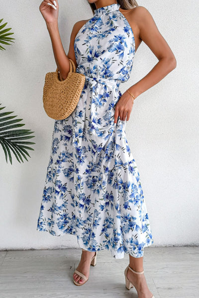 Floral Tie Waist Backless Maxi Dress