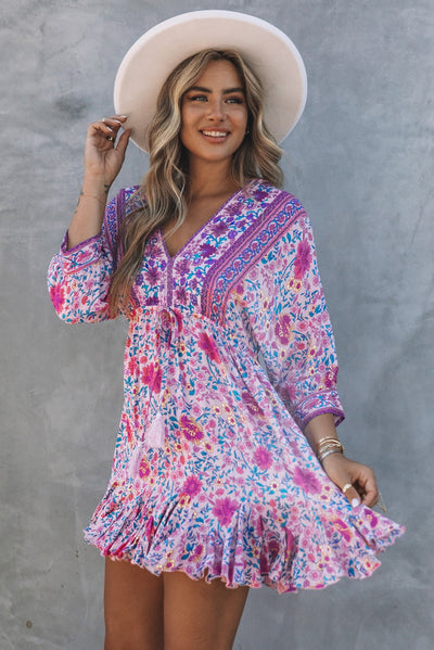 Bohemian Ruffle Hem Drawstring Waist Mini Dress