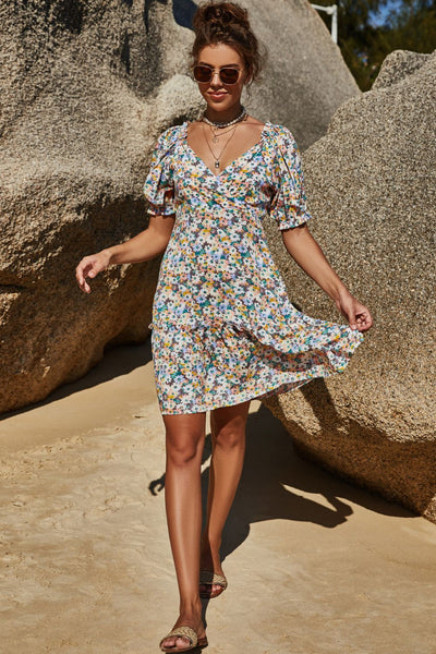 Floral Frill Trim Tiered Puff Sleeve Dress