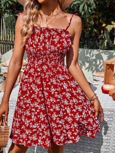 Floral Smocked Waist Tie Shoulder Dress