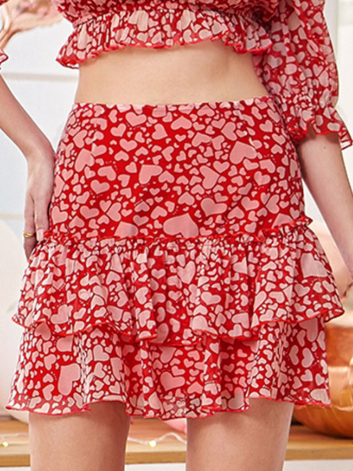 Heart Print Tiered Mini Skirt