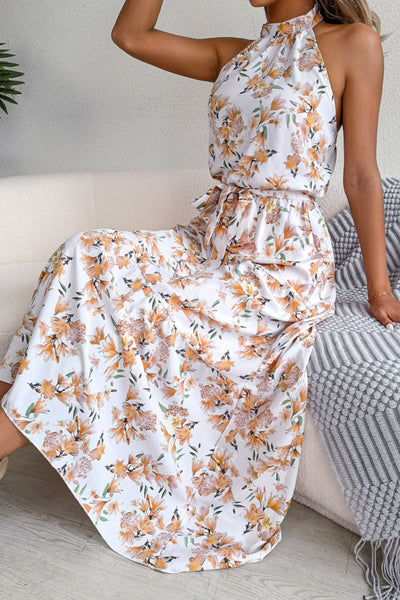 Floral Tie Waist Backless Maxi Dress