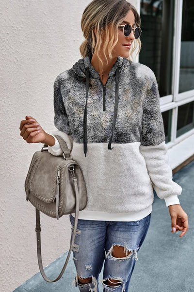 Quarter Zip Drawstring Pocket Teddy Hoodie