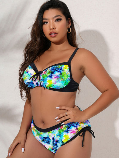 Plus Size Tie-Dye Tied Contrast Trim Bikini Set