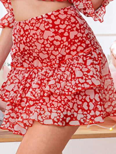 Heart Print Tiered Mini Skirt