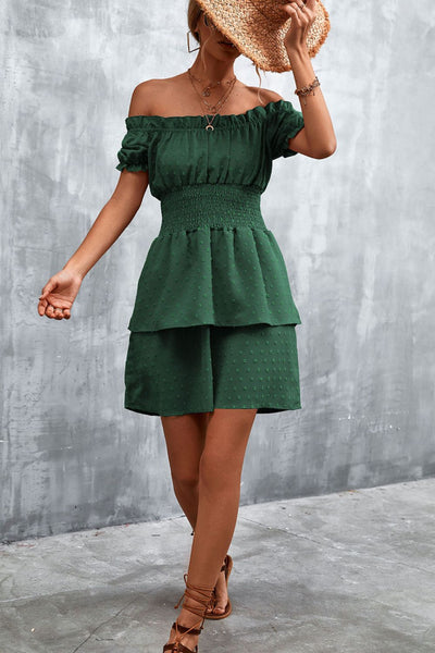 Swiss Dot Layered Off-Shoulder Smocked Dress