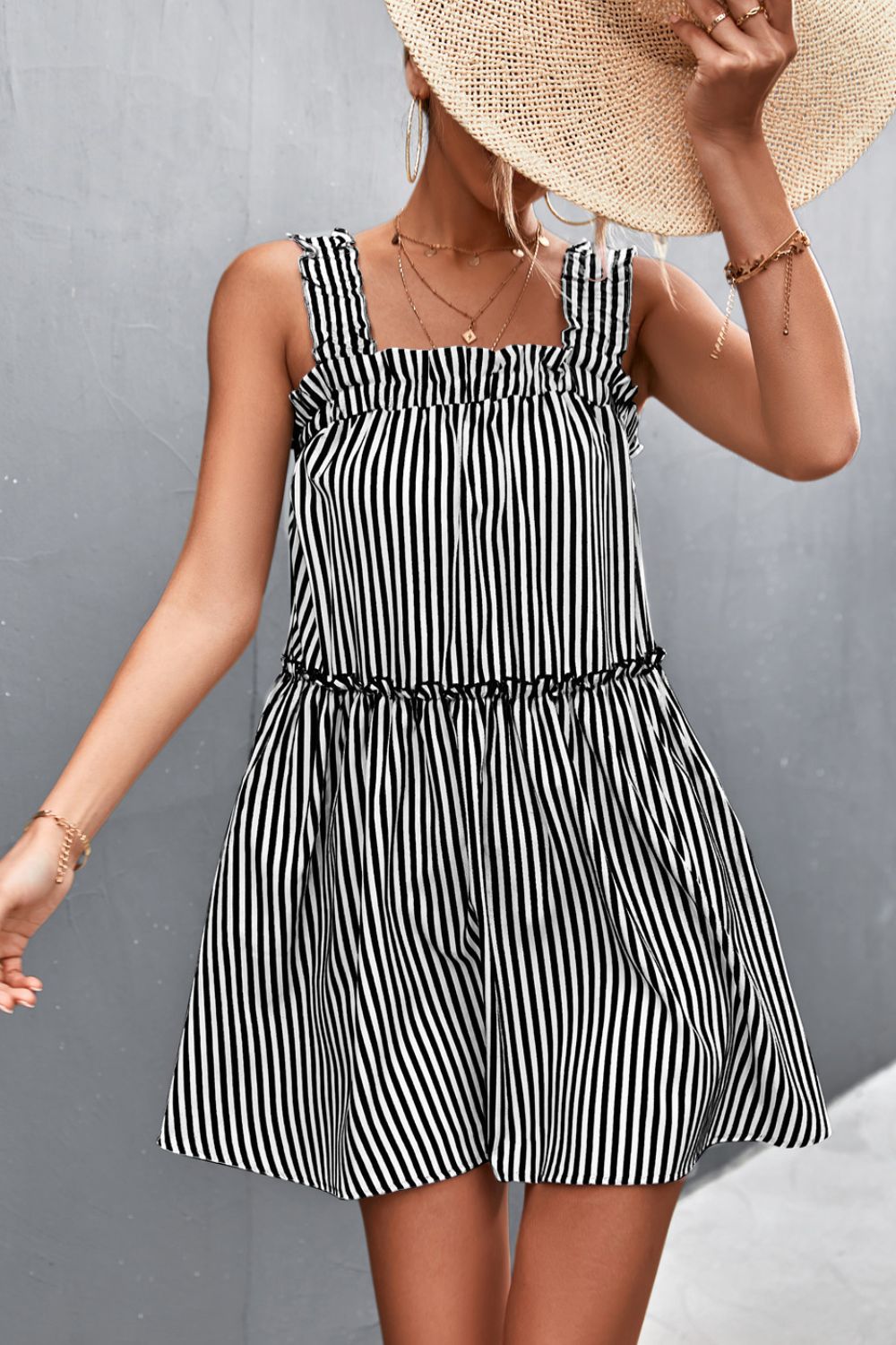 Striped Frill Trim Square Neck Dress