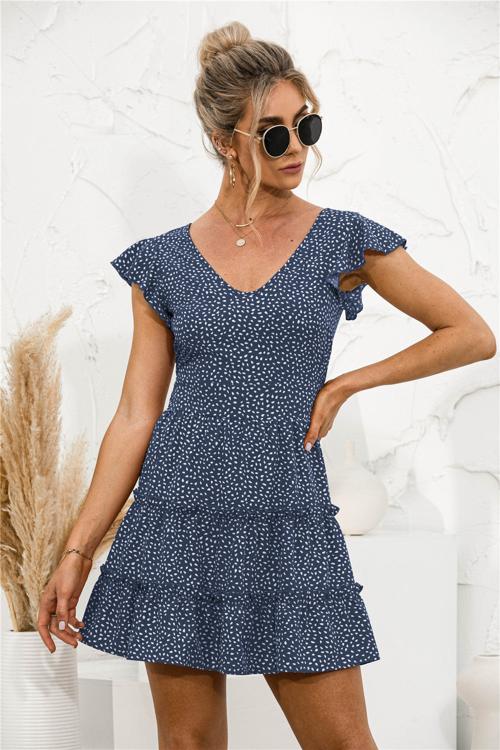 Frill Trim Layered Hem V-neck Dress