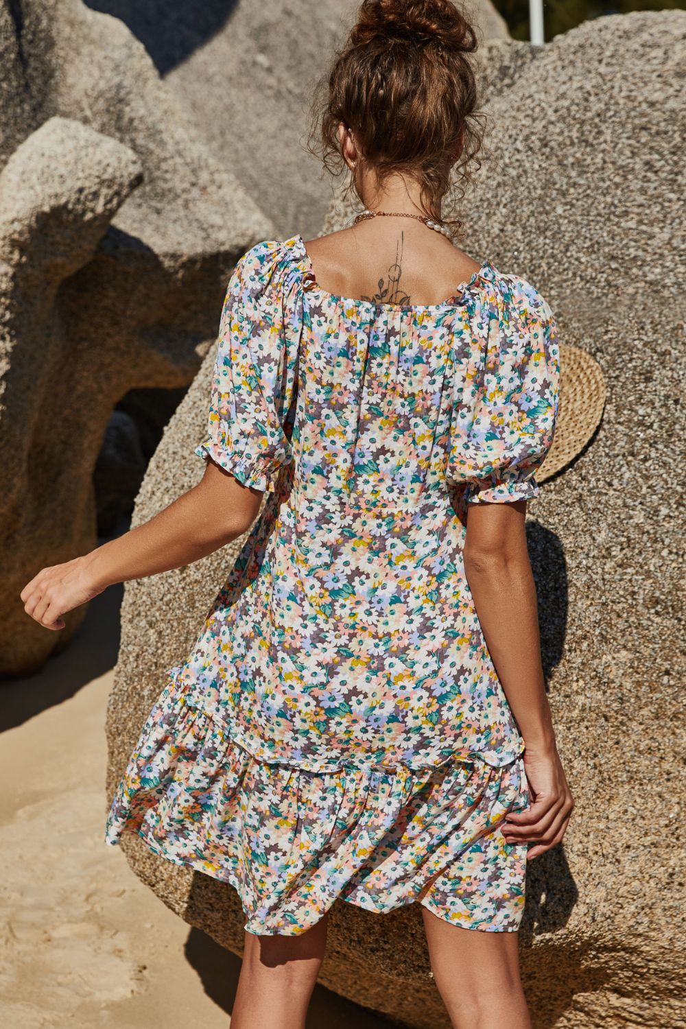 Floral Frill Trim Tiered Puff Sleeve Dress