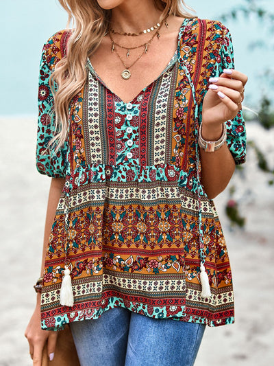 Bohemian Tie Neck Babydoll Blouse