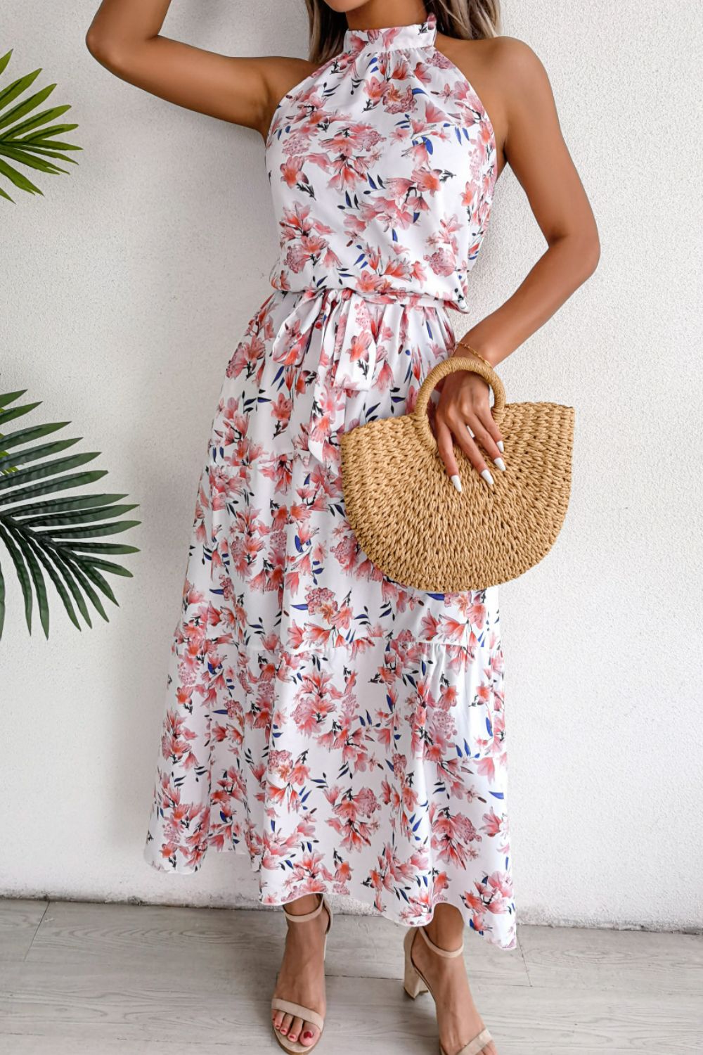 Floral Tie Waist Backless Maxi Dress