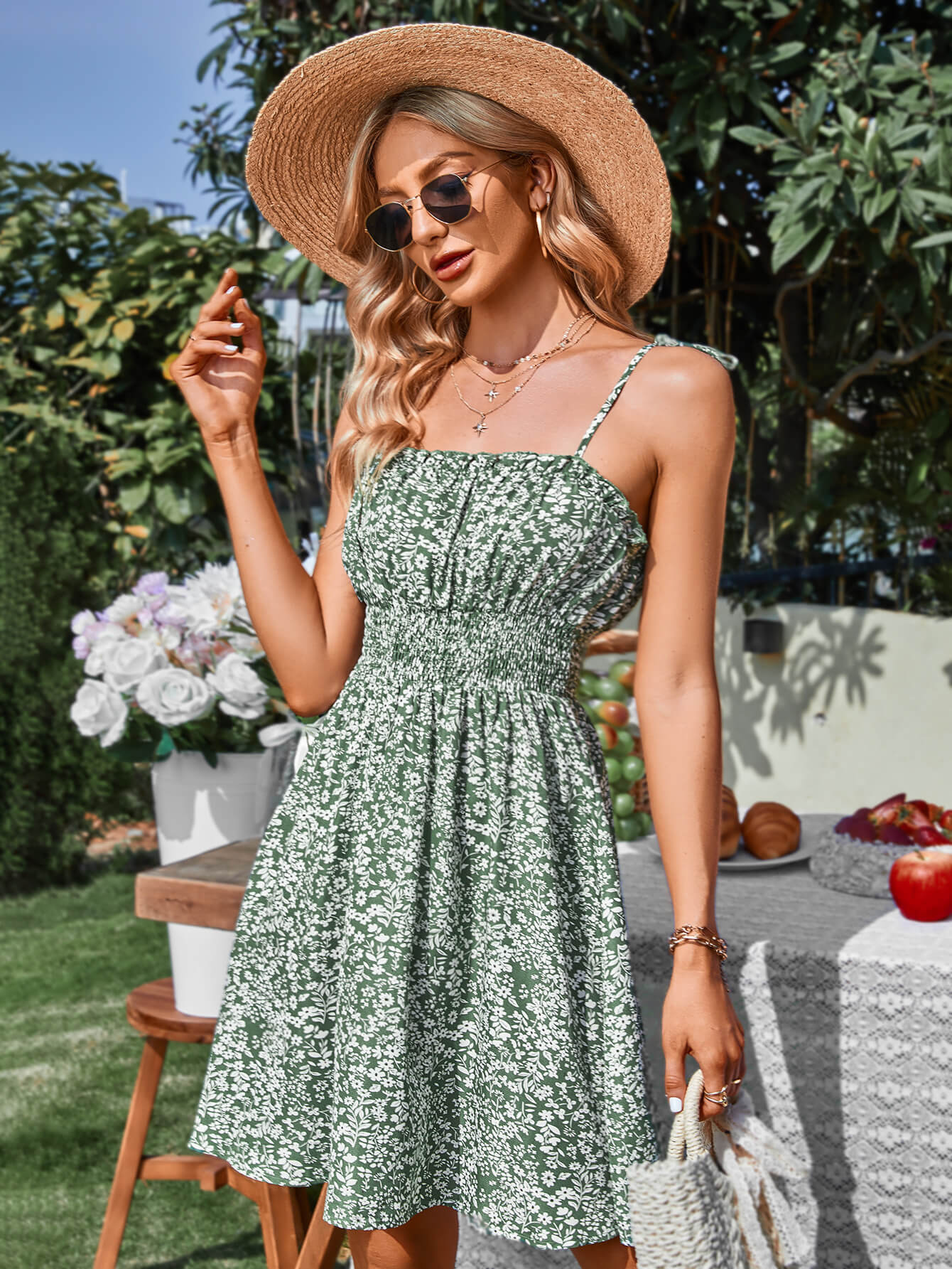 Floral Smocked Waist Tie Shoulder Dress