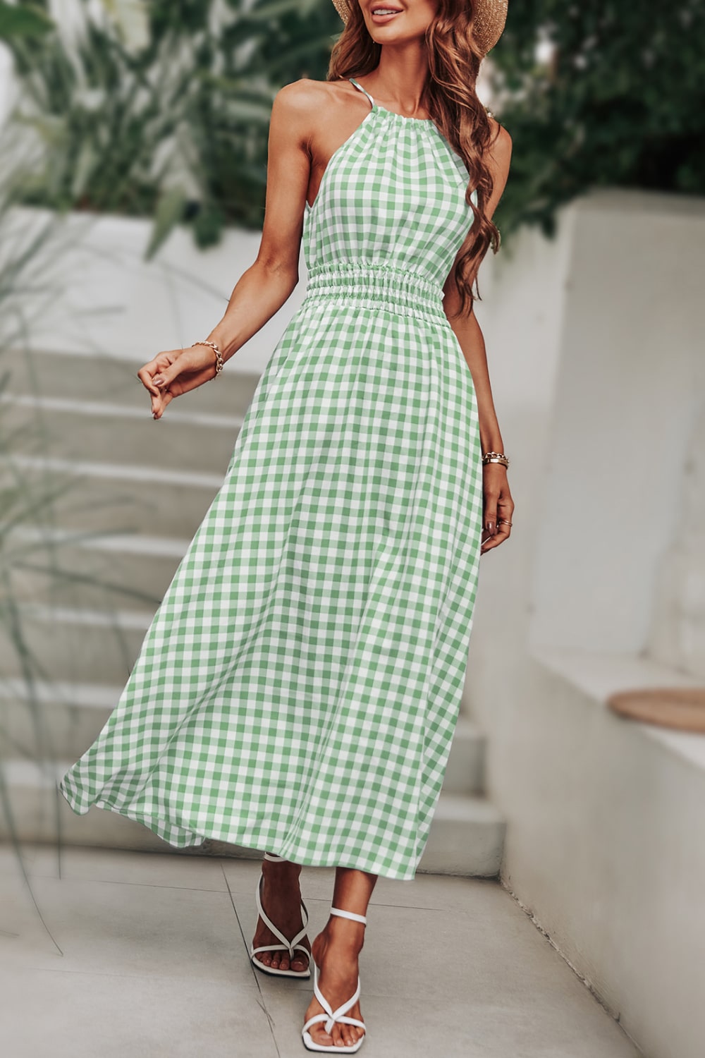 Plaid Smocked Tie Back Sleeveless Midi Dress