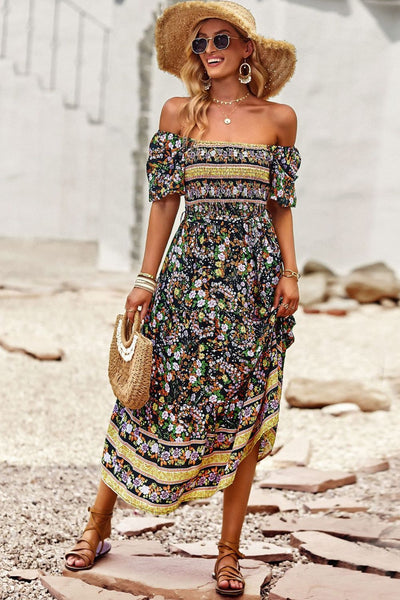 Bohemian Square Neck Short Sleeve Midi Dress