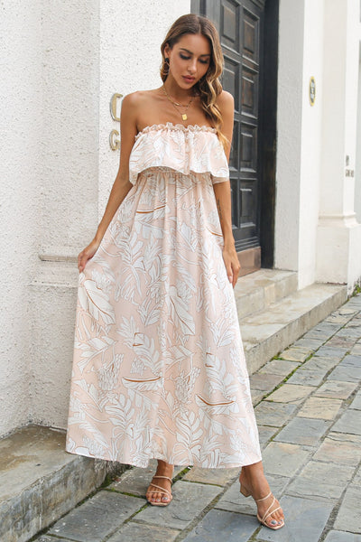 Printed Frill Trim Layered Strapless Maxi Dress