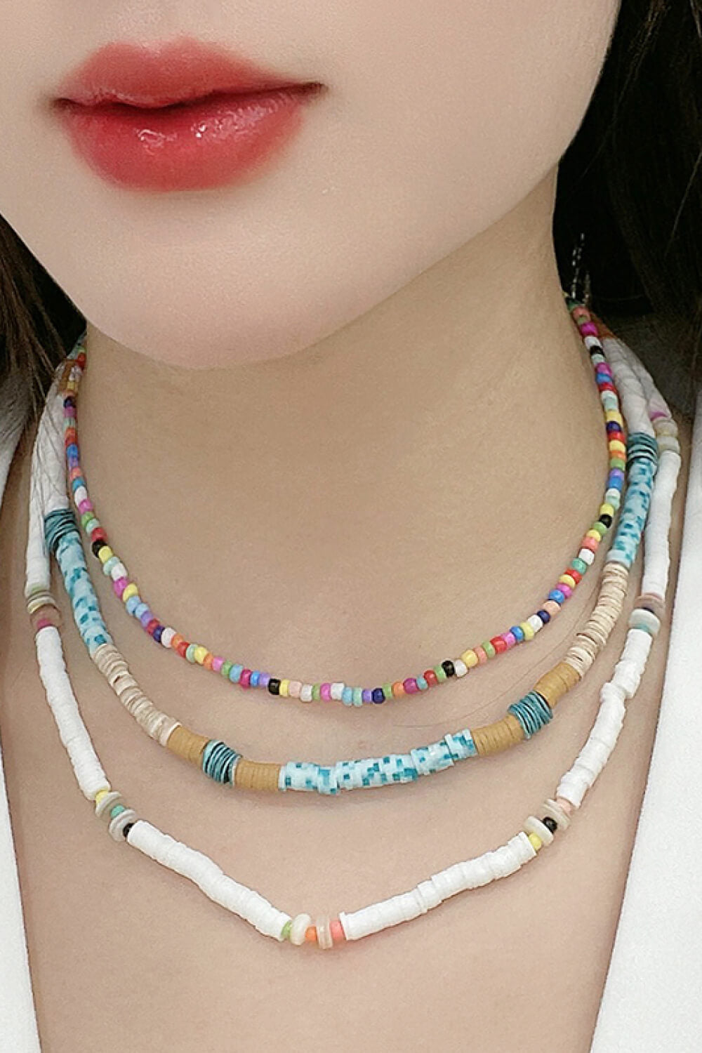 Multicolored Bead Necklace Three-Piece Set