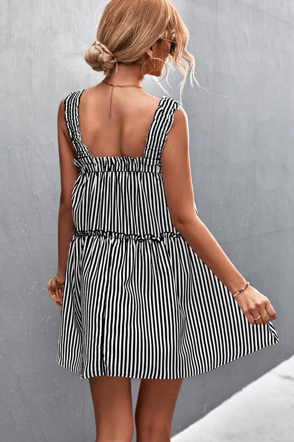 Striped Frill Trim Square Neck Dress