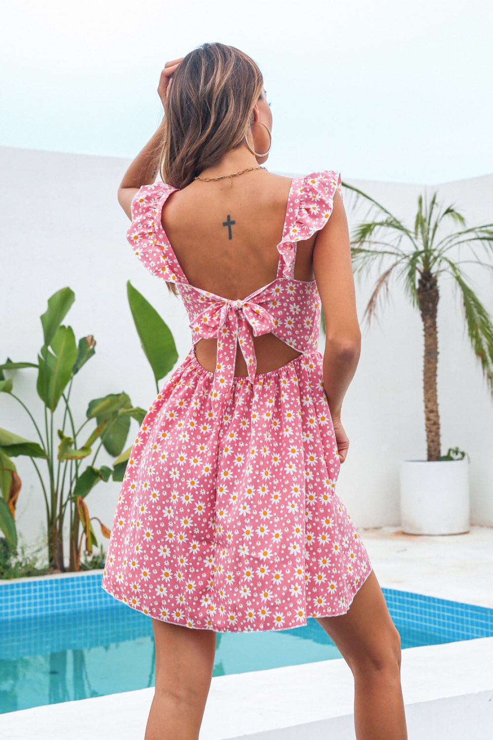 Floral Ruffle Shoulder Square Neck Mini Dress