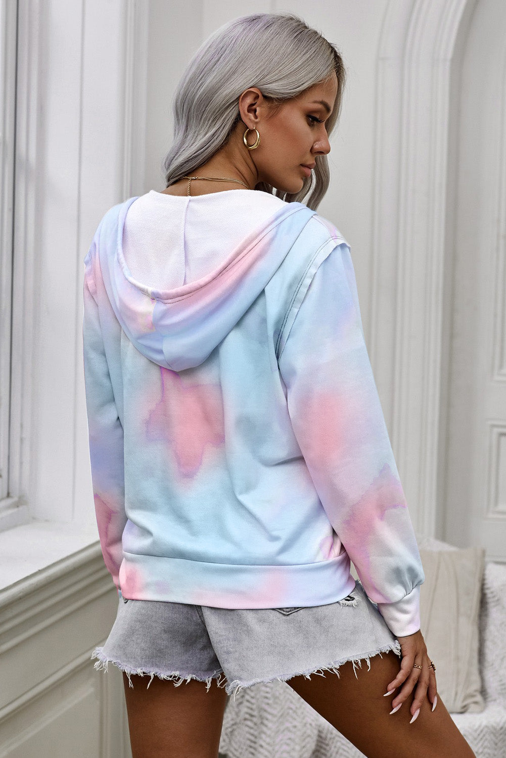 Tie-Dye Drawstring Detail Zip Up Hooded Jacket