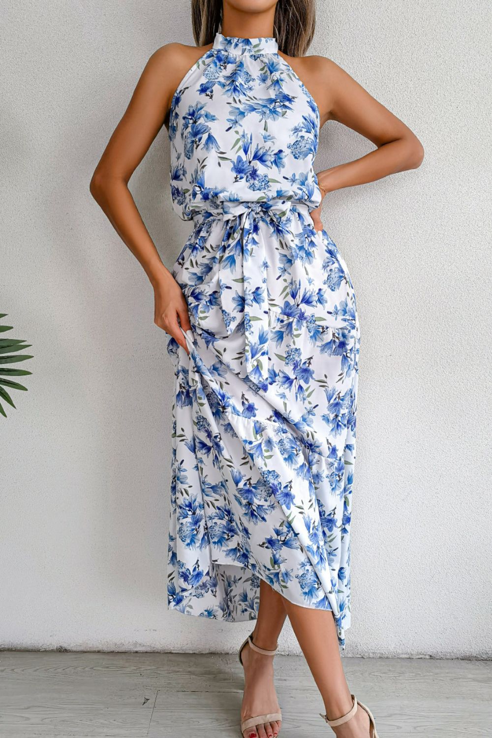 Floral Tie Waist Backless Maxi Dress