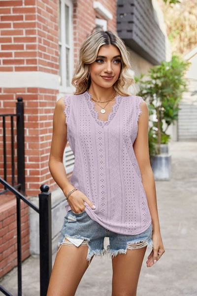 Eyelet Lace Trim Eyelash V-Neck Tank