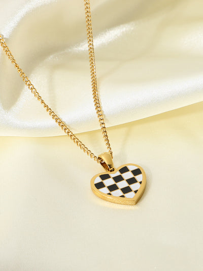 Checkerboard Heart Pendant Chain Necklace