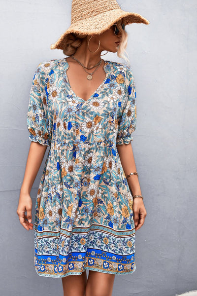 Bohemian Notched Half Sleeve Mini Dress