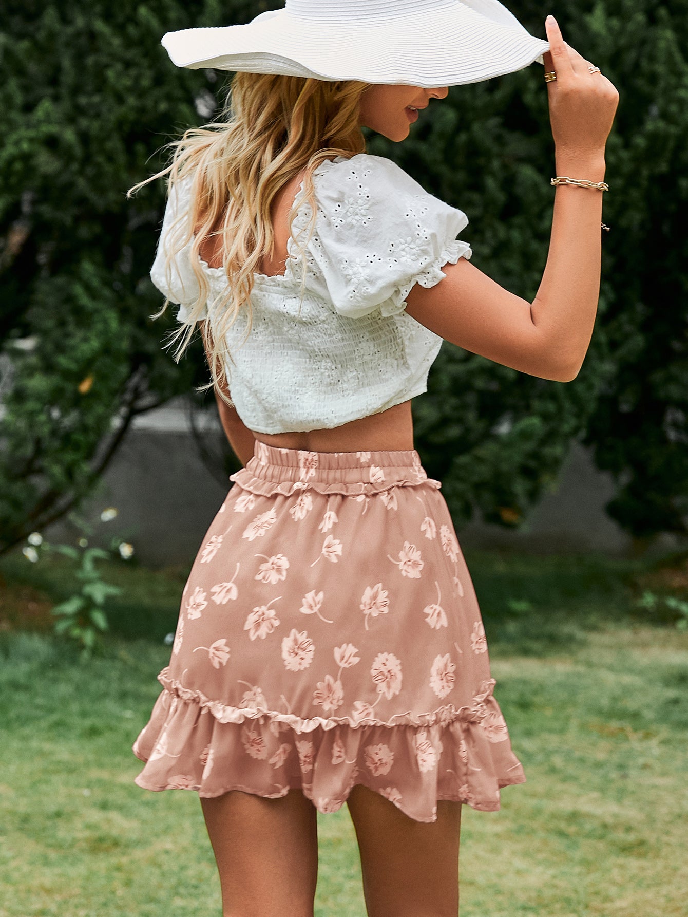 Botanical Print Frill Trim Tiered Skirt