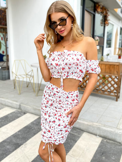 Floral Off-Shoulder Top and Drawstring Skirt Set