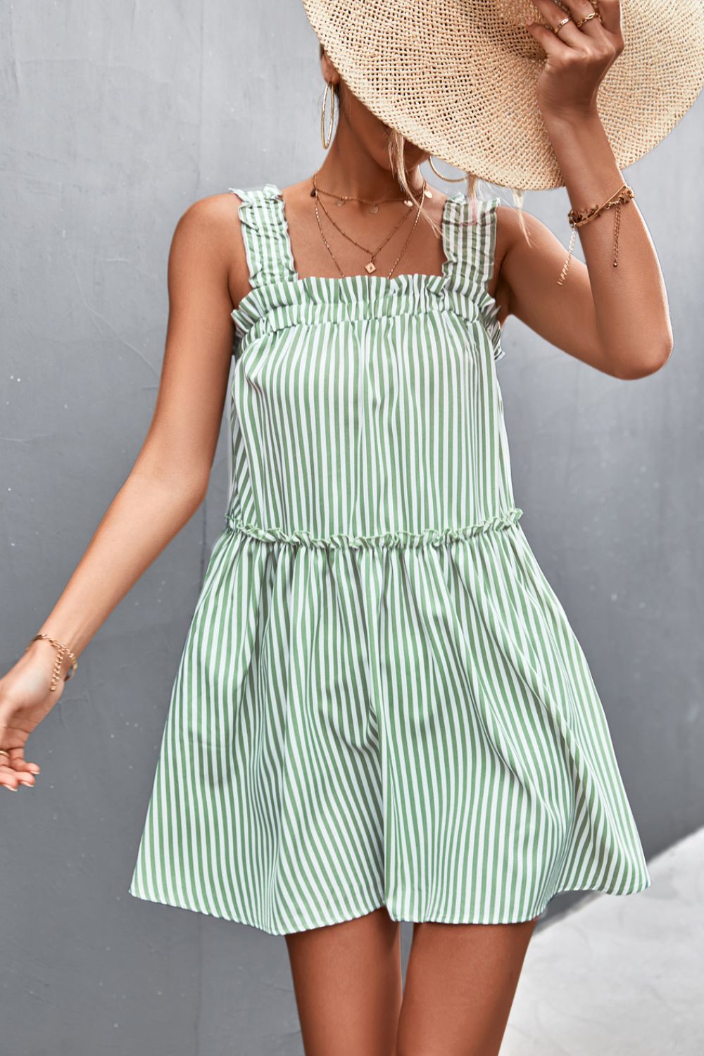 Striped Frill Trim Square Neck Dress