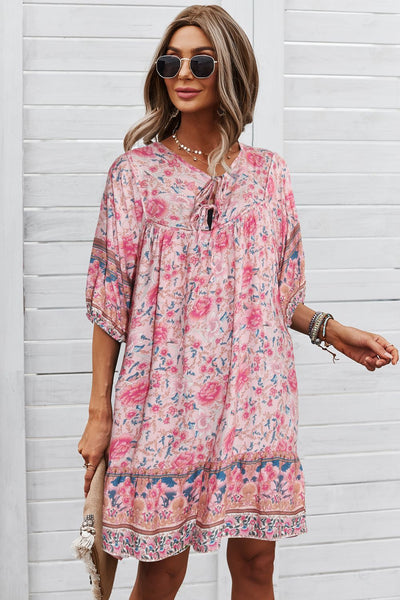 Bohemian Tie Neck Mini Dress