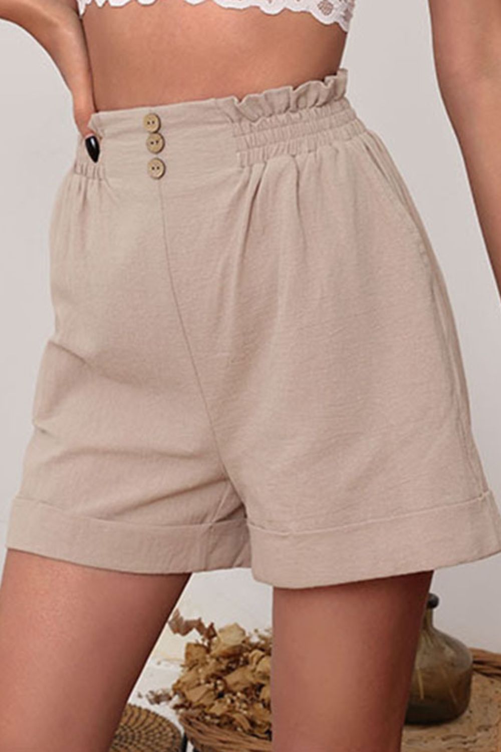 Decorative Button Cuffed Paperbag Shorts