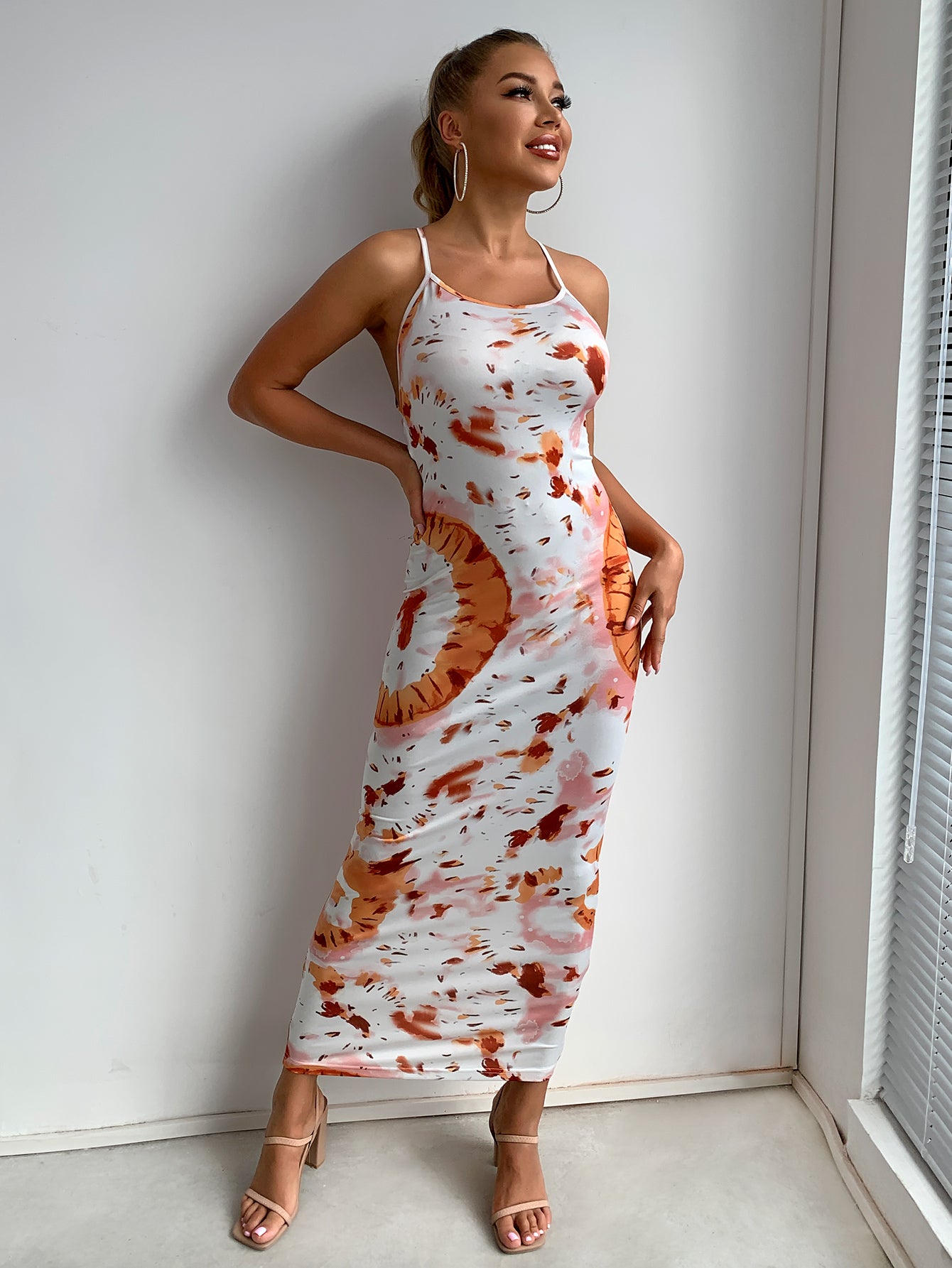 Printed Crisscross Halter Neck Maxi Dress